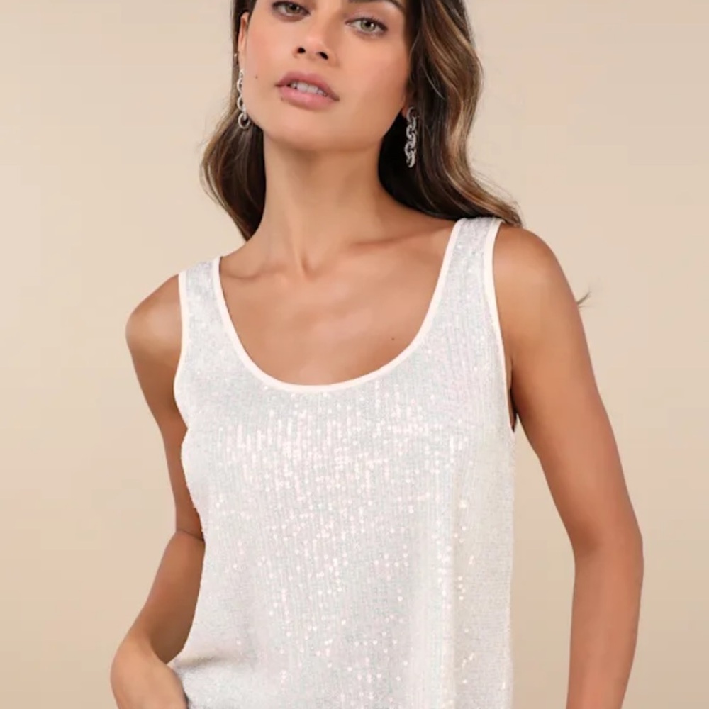 Lulu's Flawless Dazzle Cream Iridescent Sequin Scoop Neck Tank Top